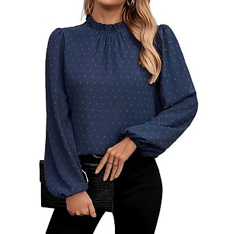 Women Swiss Dot Shirt Ruffle Long Sleeve Pleated Crew Neck Blouse Casual Loose Tops
