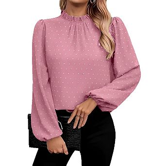 Women Swiss Dot Shirt Ruffle Long Sleeve Pleated Crew Neck Blouse Casual Loose Tops