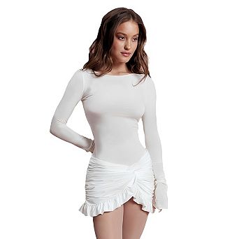 Women's Twist Knot Ruffle Ruched Bodycon Mini Dress Long Sleeve Crewneck Night Out Pencil Dresses