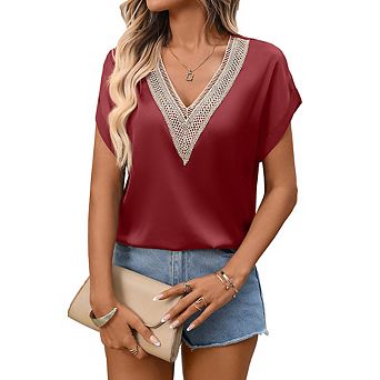 Women Summer Lace Satin Tops V Neck T Shirts Short Sleeve Trendy Going Out Blouses