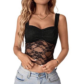 Women's Sweetheart Neck Lace Sheer Bustier Crop Summer Shirt Casual Sleeveless Top Cami Silm Blouse