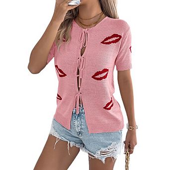 Women's Summer Casual Lip Jacquard Tie Knot Knitwear Loose Versatile Cardigan Top