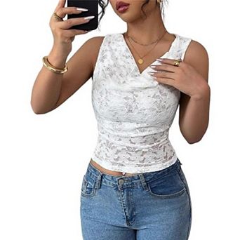Women's Floral Lace Summer Boho Tank Top Casual Sleeveless Shirt V Neck Slim Fit Sheer Blouse