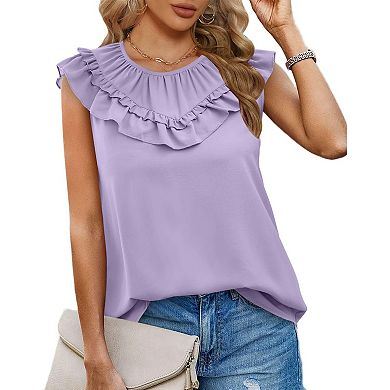 Women's Pleated Ruffle Crew Neck Sleeveless Boho Shirt Chiffon Summer Casual Blouse Flowy Loose Top