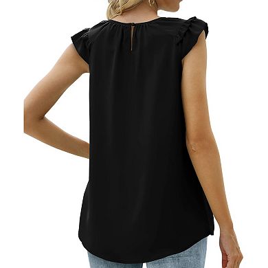 Women's Pleated Ruffle Crew Neck Sleeveless Boho Shirt Chiffon Summer Casual Blouse Flowy Loose Top