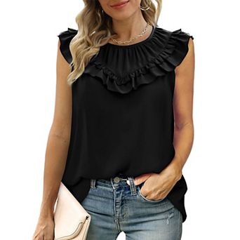 Women's Pleated Ruffle Crew Neck Sleeveless Boho Shirt Chiffon Summer Casual Blouse Flowy Loose Top