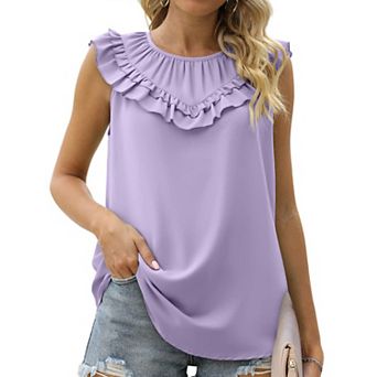 Women's Pleated Ruffle Crew Neck Sleeveless Boho Shirt Chiffon Summer Casual Blouse Flowy Loose Top