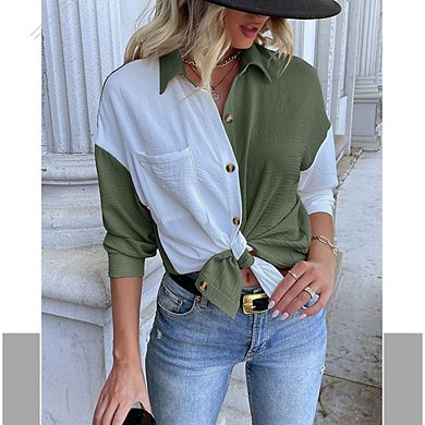 Womens Color Block Button Down Shirts Long Sleeve Oversized Blouses Tops