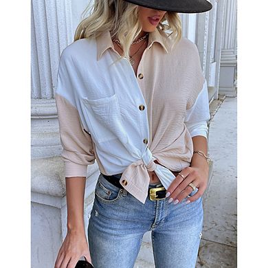 Womens Color Block Button Down Shirts Long Sleeve Oversized Blouses Tops