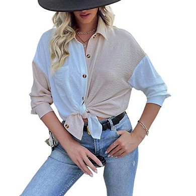 Womens Color Block Button Down Shirts Long Sleeve Oversized Blouses Tops