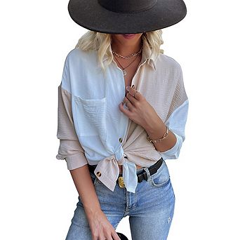 Womens Color Block Button Down Shirts Long Sleeve Oversized Blouses Tops