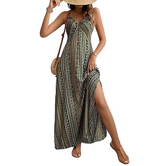 Women Boho Spaghetti Strap Dress Sleeveless Cami Dress Back Criss Cross Summer Vacation Maxi Dress