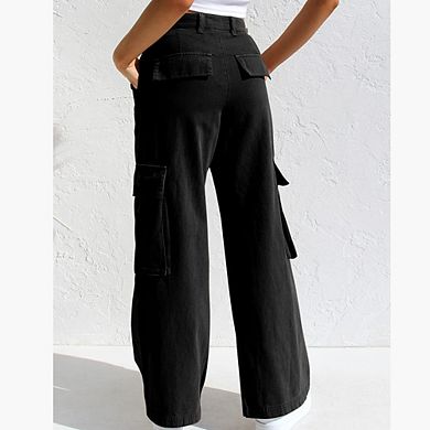 Cargo Denim Pants for Women High Waist Wide Leg Pull On Baggy Casual Pants with Pockets