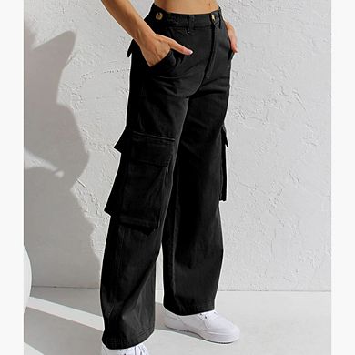 Cargo Denim Pants for Women High Waist Wide Leg Pull On Baggy Casual Pants with Pockets