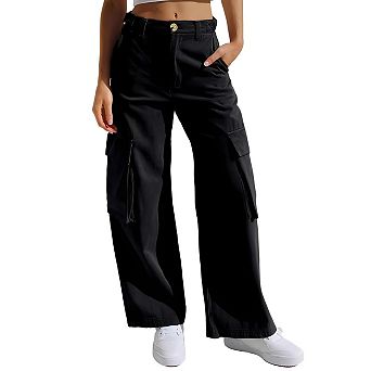 Cargo Denim Pants for Women High Waist Wide Leg Pull On Baggy Casual Pants with Pockets