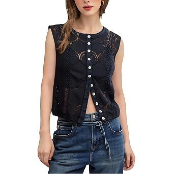 Women's Lace Sleeveless Crop Top Button Down Floral Embroidered Vest Top Casual Cropped Lace Blouse