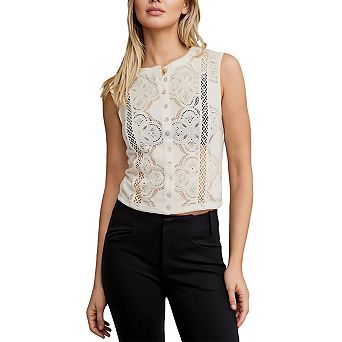 Women's Lace Sleeveless Crop Top Button Down Floral Embroidered Vest Top Casual Cropped Lace Blouse