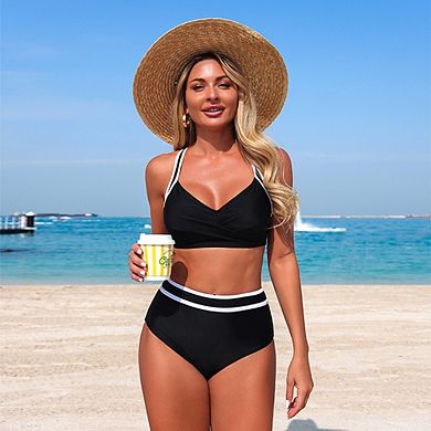 Color Block High Waisted Two Piece Bikini Set, Twist Push Up Swimsuit for Beach Vacation