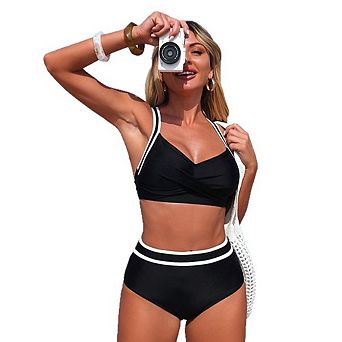 Color Block High Waisted Two Piece Bikini Set, Twist Push Up Swimsuit for Beach Vacation