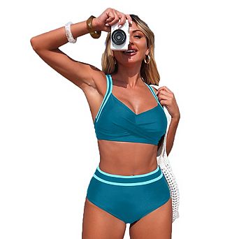 Color Block High Waisted Two Piece Bikini Set, Twist Push Up Swimsuit for Beach Vacation