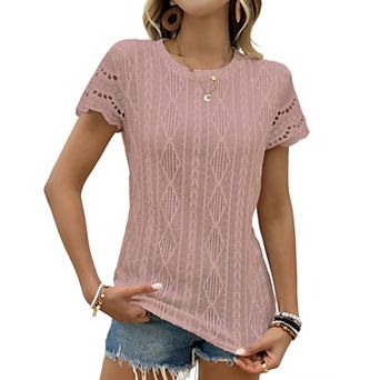 Women's Casual Eyelet Short Sleeve Boho Summer Shirt Crew Neck Slim Fit Top Textured Soft Blouse