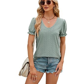 Women's Summer Eyelet V Neck Short Sleeve T-Shirt Solid Color Puff Sleeve Loose Ruched Top