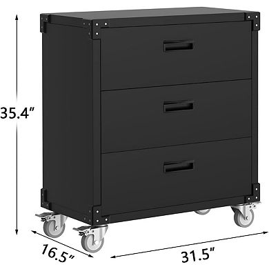 3 Drawers Metal Tool Cabinet with Wheels, Black Garage Storage Cabinets
