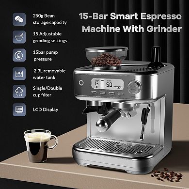 15 Bar Espresso Machine with Built-in Conical Burr Grinder & Milk Frother