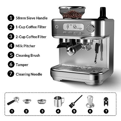 15 Bar Espresso Machine with Built-in Conical Burr Grinder & Milk Frother