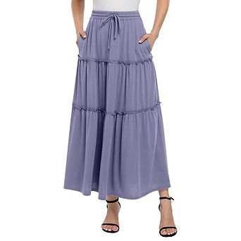 Women's Boho Maxi Skirt High-Waist Pleated Ruffle Long Dress with Pockets for Beach