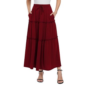 Women's Boho Maxi Skirt High-Waist Pleated Ruffle Long Dress with Pockets for Beach