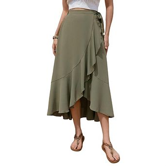 Women High-Waisted Wrap Midi Skirt with Ruffle & Side Slit Detail Adjustable Waistband