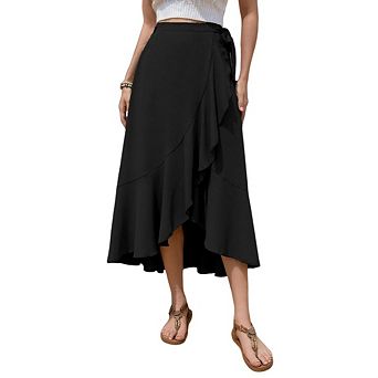 Women High-Waisted Wrap Midi Skirt with Ruffle & Side Slit Detail Adjustable Waistband