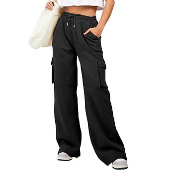 Women's High-Rise Wide-Leg Cargo Joggers Drawstring Waist & Pockets, Casual Street Style
