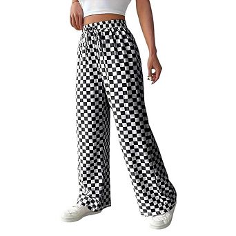 Women's Casual Checkered Elastic Waist Pants Comfy Loose Wide-Leg Trousers with Pockets