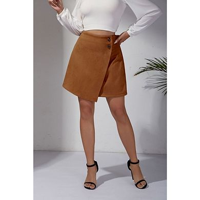 Women's High Waist A Line Suede Irregular Zipper Button Mini Skirt Casual Chic