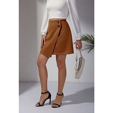 Women's High Waist A Line Suede Irregular Zipper Button Mini Skirt Casual Chic