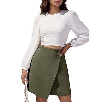 Women's High Waist A Line Suede Irregular Zipper Button Mini Skirt Casual Chic