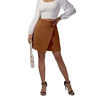 Women's High Waist A Line Suede Irregular Zipper Button Mini Skirt Casual Chic