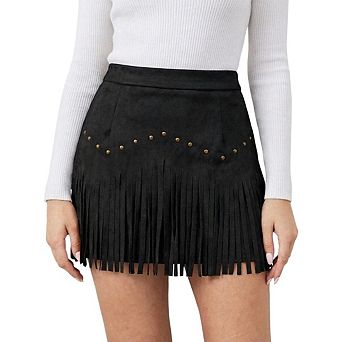 Women Fringe Cowgirl Skirt Chic Faux Suede Mini in Western Style
