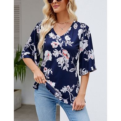 Women's Boho 3/4 Sleeve Blouse V Neck Casual Vacation Holiday Tops