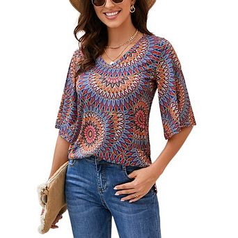 Women's Boho 3/4 Sleeve Blouse V Neck Casual Vacation Holiday Tops