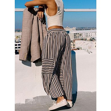 Women Striped Drawstring Palazzo Pants Loose Wide-Leg Lounge Wear with Pockets