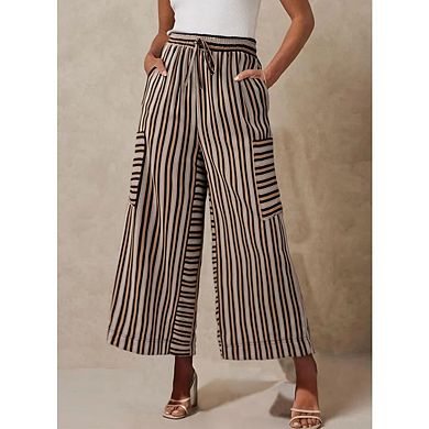 Women Striped Drawstring Palazzo Pants Loose Wide-Leg Lounge Wear with Pockets