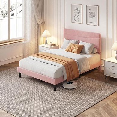 Upholstered Platform Bed Frame with Headboard Wood Slat Support No Box Spring