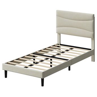 Upholstered Platform Bed Frame with Headboard Wood Slat Support No Box Spring