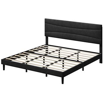 Upholstered Platform Bed Frame with Headboard Wood Slat Support No Box Spring