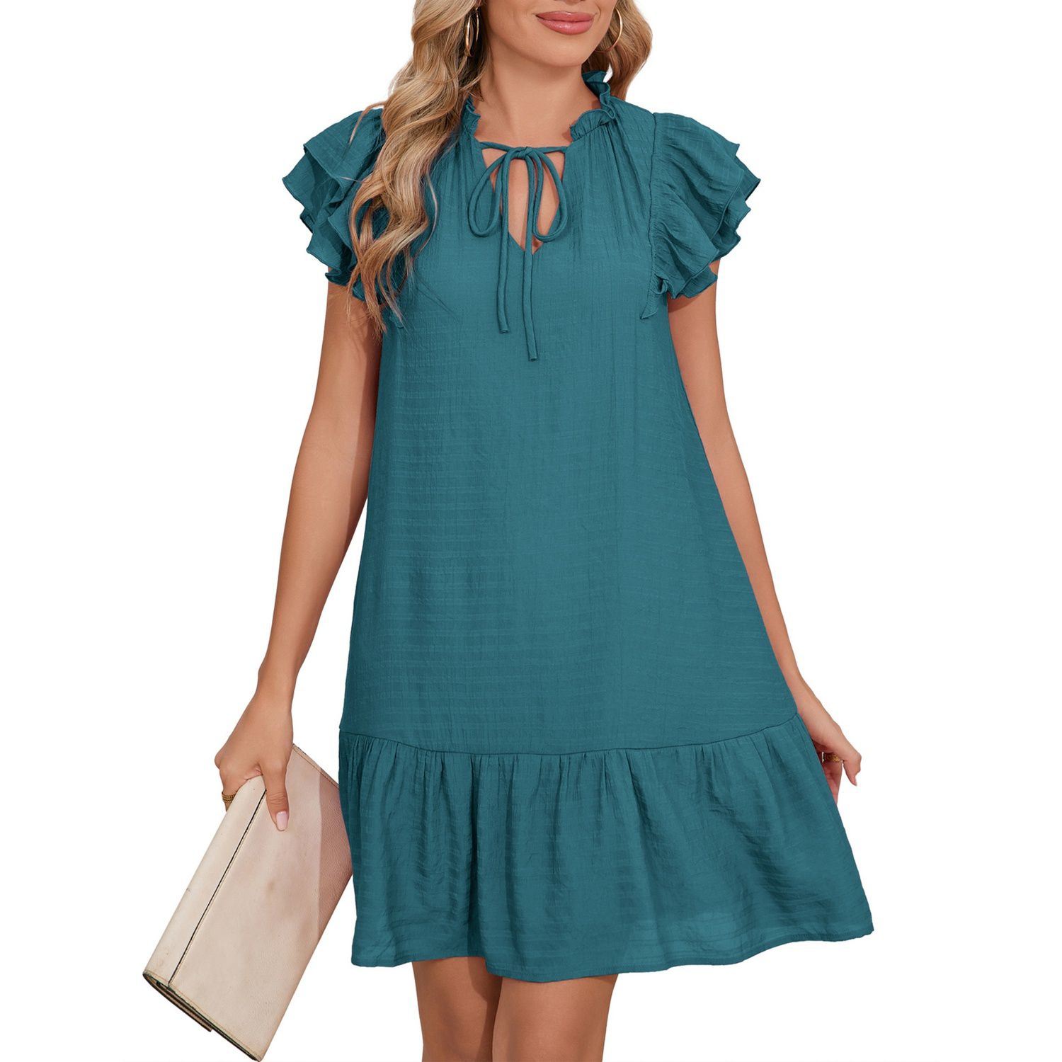 Женские платья Summer Flutter Sleeve Mini Dress V Neck Ruffle Short Sleeve Short Sundress