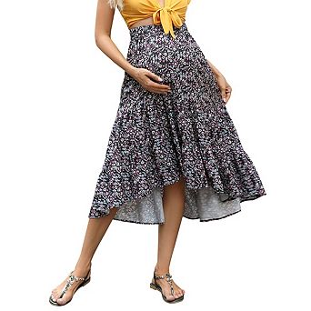 Skirts for Women Maternity Boho Ruffle Hem Casual Flowy Long Skirt Beach Vacation Cruise Resort Wear