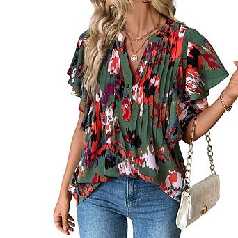 Women Tops Ruffle Sleeve Summer Casual V Neck Boho Color Block Flowy Trendy Tunic Blouses